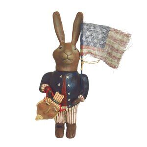 Folk Art Hand-Painted Patriotic Bunny Rabbit Figurine With American Flag Vintage